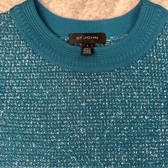St John Teal Blue Wool Blend Woven Knit Sweater Size Medium - Picture 9 of 9